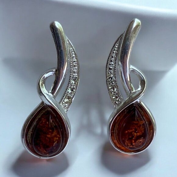 Sterling Silver 925 Cognac Baltic Amber Earrings With Cubic Zirconia Accents - Picture 10 of 11